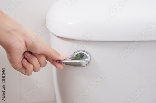 hand press and flush toilet. Cleaning, Lifestyle and personal hygiene concept