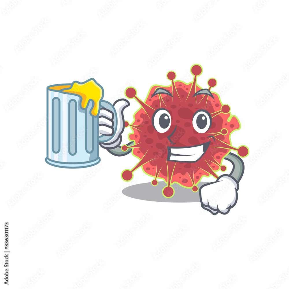 A cartoon concept of coronaviridae rise up a glass of beer