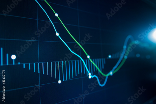 Blue Stock Exchange Market trading graph on screen monitor for economic and financial investment. Business analysis chart display. Stock invest infomation.