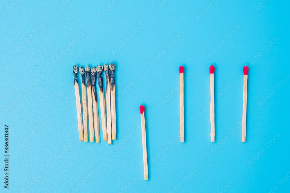 burnt out match sticks and gap distance showing preventative containing coronavirus pandemic with copy space for text. Stay at home, Quarantines and Social Distancing concept burnt out match sticks and gap distance showing preventative containing coronavirus pandemic with copy space for text. Stay at home, Quarantines and Social Distancing concept