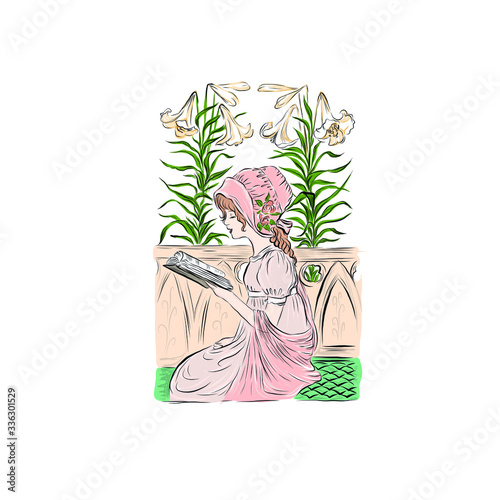 Girl reads book in the garden with lilies. Young naturalist student study flora use an encyclopedia. Lady in vintage style from the nineteenth century dressed in pink bonnet and ball gown. 