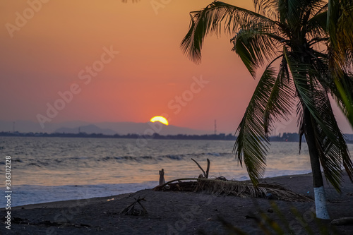 Beautiful sunset on the beach with the silhouette of the palm trees 
