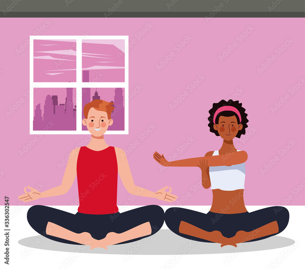 Fototapeta premium interracial couple practicing yoga in the house