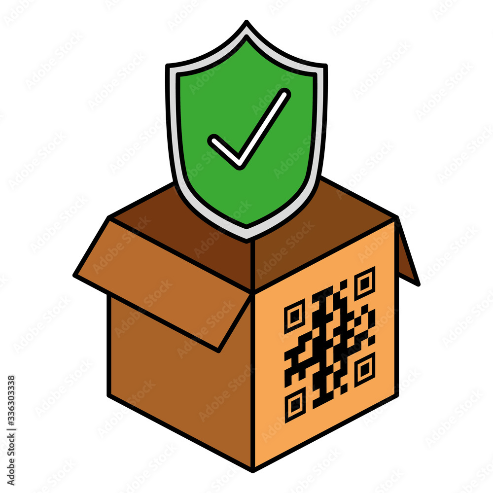 qr code over box and shield design of technology scan information business price communication barcode digital and data theme Vector illustration qr code over box and shield design of technology scan information business price communication barcode digital and data theme Vector illustration