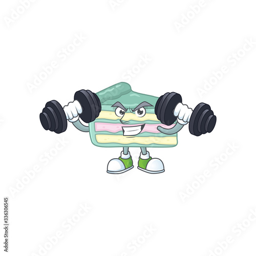 Fitness exercise vanilla slice cake cartoon character using barbells