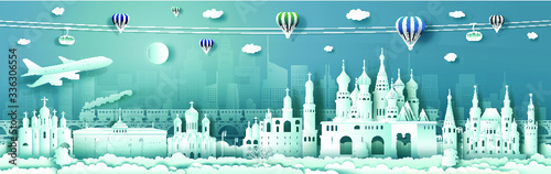 Travel city of Russia top world famous palace and castle architecture. Tour moscow landmark of europe with paper cut. Modern business brochure design for advertising, tour, travel.Vector illustration.