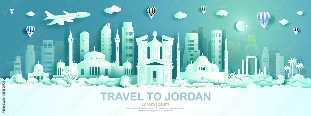 Travel architecture landmark of Jordan with modern building, monument, ancient. Business brochure modern design.Tourism arab landmarks of asian with balloon and cloud background. Vector illustration.