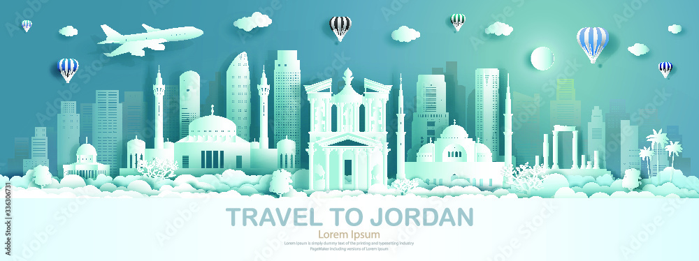 Fototapeta premium Punkt orientacyjny architektury podróży Jordanii z nowoczesnym budynkiem, pomnikiem, starożytnym. Biznes broszura nowoczesny design.Turystyka arabskich zabytków Azji z balonem i chmurą w tle. Ilustracji wektorowych.