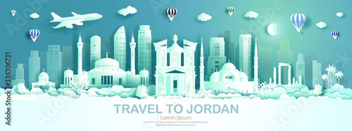 Travel architecture landmark of Jordan with modern building, monument, ancient. Business brochure modern design.Tourism arab landmarks of asian with balloon and cloud background. Vector illustration.