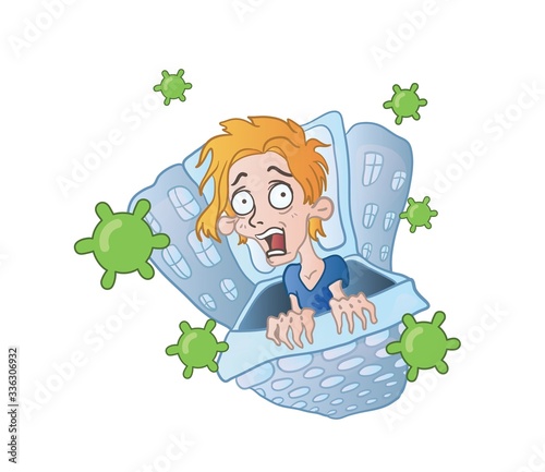 Scared teenage boy afraid to leave his home while viruses fly around. Coronavirus phobia. Quarantine, COVID-19 world outbreak. Flat vector illustration, isolated on white background.