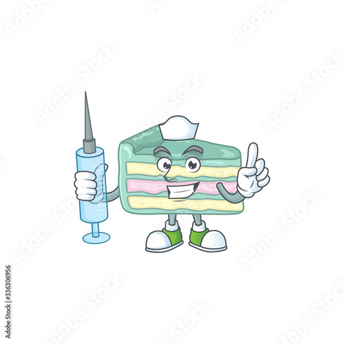 Friendly Nurse vanilla slice cake mascot design style using syringe