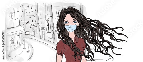 Teenage girl with long dark hair wearing surgical mask on empty streets of the city, with copy space. Self-isolation, lockdown concept. Flat vector illustration on white background.