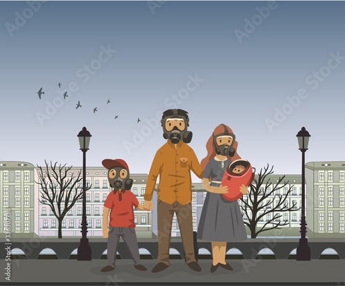 Family in gas masks on autumn city background. Environmental problems, air pollution. Colorful flat vector illustration.