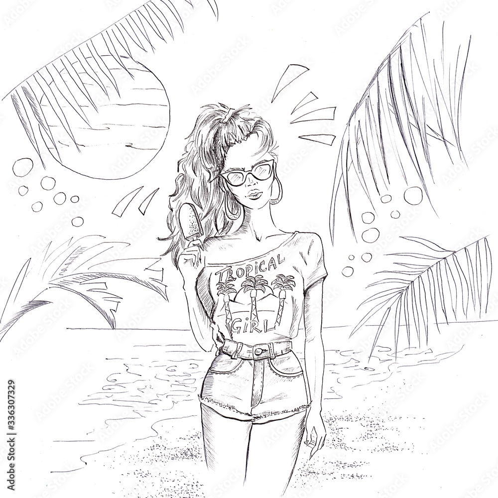 Coloring Page Cute Girl at the Beach with Ice Cream. Summer Time ...