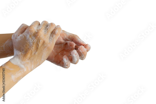  close up adult man washing and rubbing hand to cleaning soap isolated on white background for protection and prevent coronavirus (MERS-nCOV) and bacteria concept