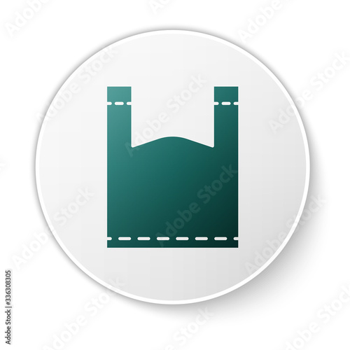 Green Plastic bag icon isolated on white background. Disposable cellophane and polythene package prohibition sign. White circle button. Vector Illustration