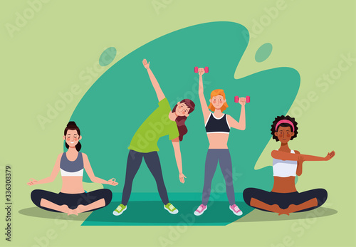 interracial women practicing exercise in the house