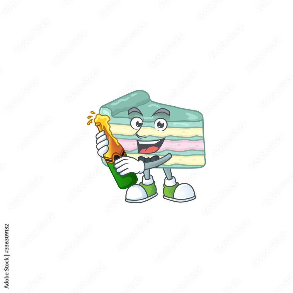 Mascot cartoon design of vanilla slice cake making toast with a bottle of beer