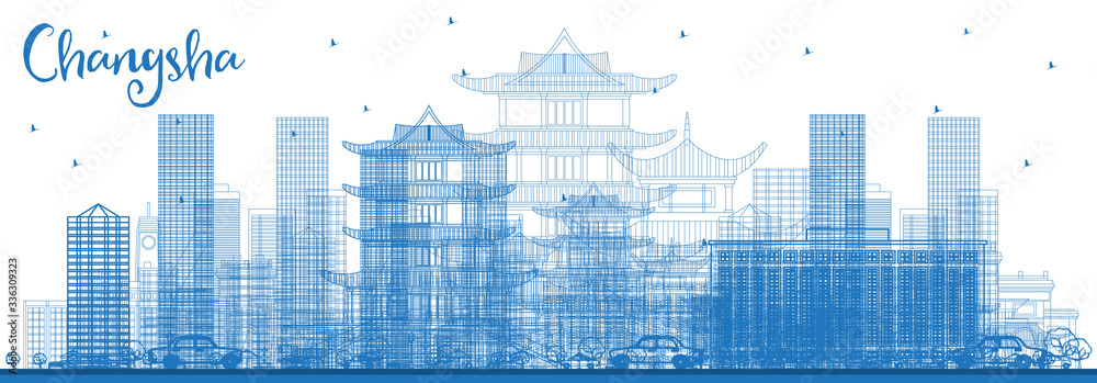 Obraz premium Outline Changsha China City Skyline with Blue Buildings.