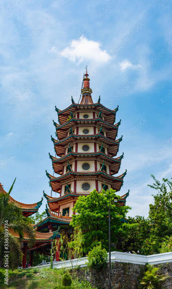 Semarang, Indonesia - CIRCA Nov 2019: Watugong Pagoda in Semarang, Indonesia; in a bright sunny day. This pagoda is dedicated to Avalokitesvara (Guan Yin).