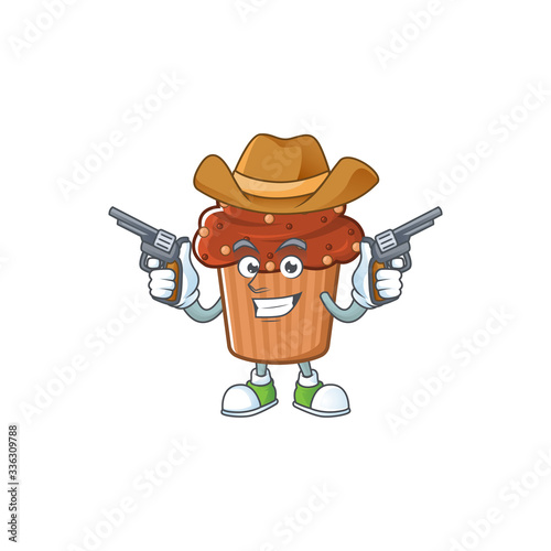 A cowboy cartoon character of chocolate cupcake holding guns