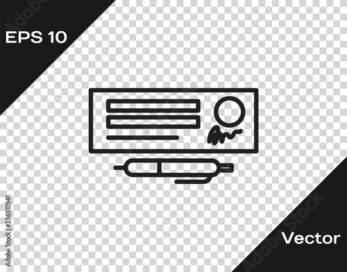 Black line Blank template of the bank check and pen icon isolated on transparent background. Checkbook cheque page with empty fields to fill. Vector Illustration