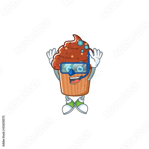 Mascot design concept of chocolate cupcake wearing Diving glasses