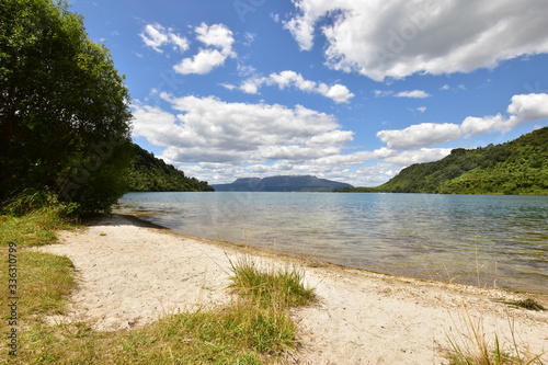 Lake Tarawera with volcanic mountains in the background