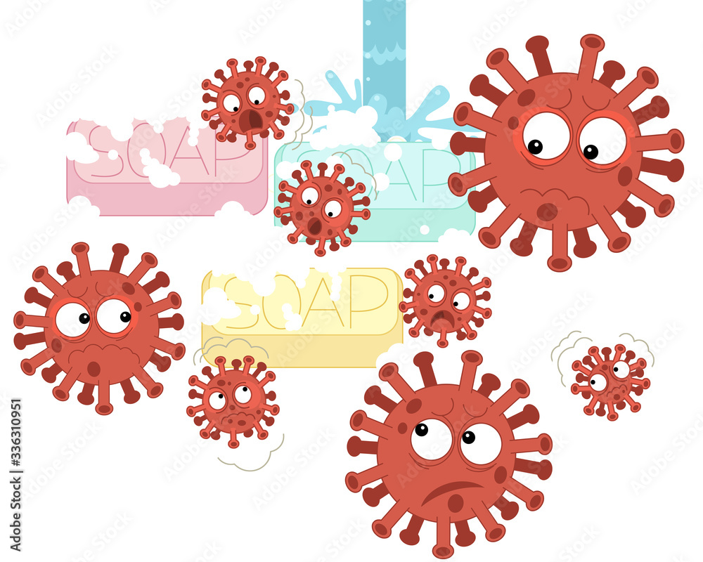 cartoon scene with corona virus and prevention - illustration for kids