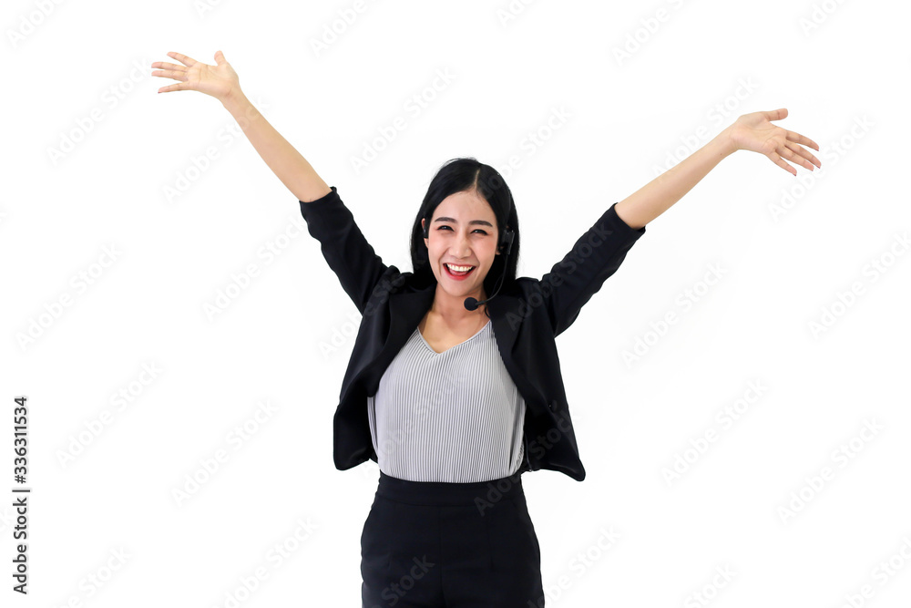 Asia call center workers or Confident business with headset,Customer support standing on white background. Asia call center workers or Confident business with headset,Customer support standing on white background.