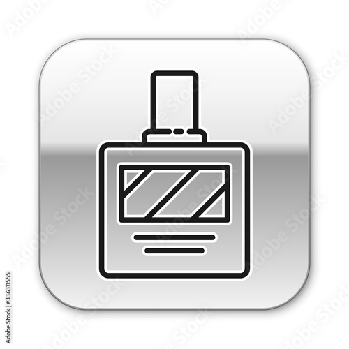 Black line Aftershave icon isolated on white background. Cologne spray icon. Male perfume bottle. Silver square button. Vector Illustration