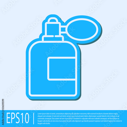Blue line Aftershave bottle with atomizer icon isolated on grey background. Cologne spray icon. Male perfume bottle. Vector Illustration