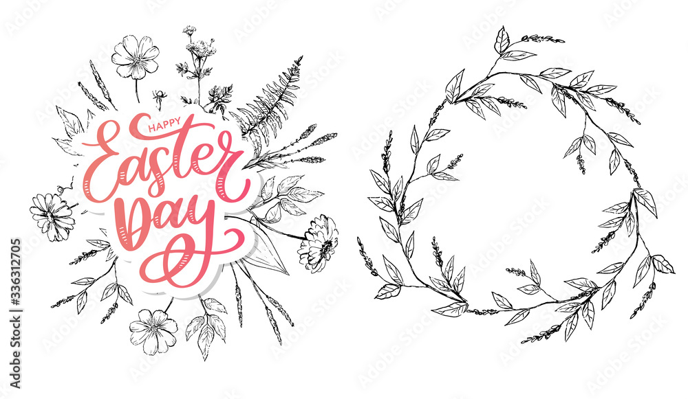 Colorful Happy Easter greeting card with flowers eggs and rabbit elements composition. EPS10 vector file organized in layers for easy editing. Colorful Happy Easter greeting card with flowers eggs and rabbit elements composition. EPS10 vector file organized in layers for easy editing.
