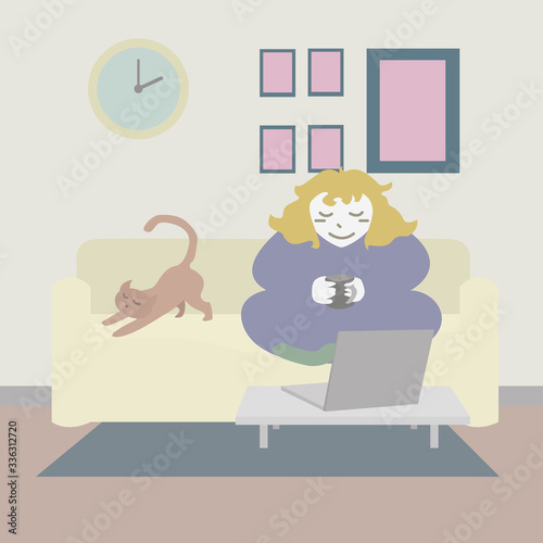 Color image of a girl hanging out with a cat wrapped in a plaid. As if time had stopped.