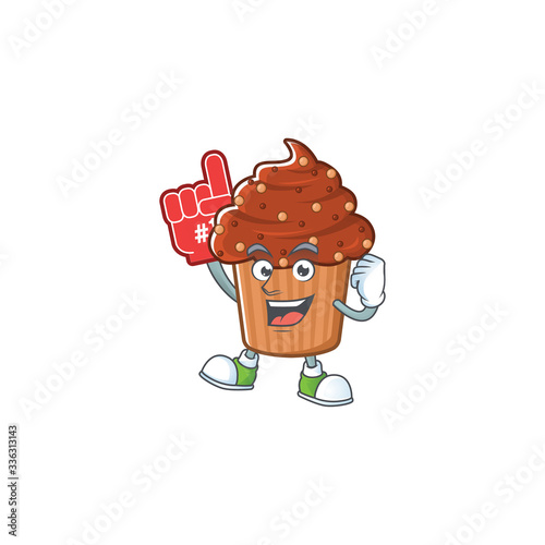 Cartoon character concept of chocolate cupcake holding red foam finger