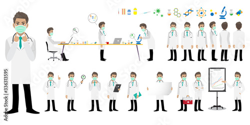 Cartoon character with a professional doctor or medical worker wearing medical mask on face in different poses to fight coronavirus on a a light blue background. Flat icon design vector