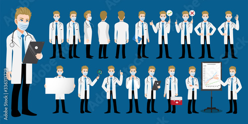 Cartoon character with a professional doctor or medical worker wearing medical mask on face in different poses to fight coronavirus on blue background. Flat icon design vector