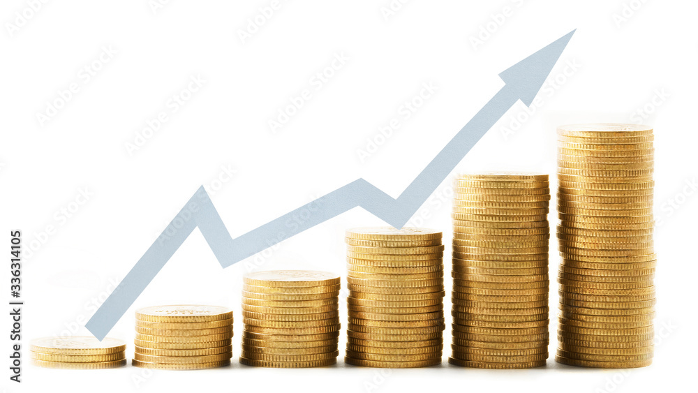Coin stacks with increasing graph, isolated on white background Coin stacks with increasing graph, isolated on white background
