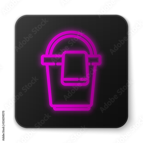Glowing neon line Bucket with rag icon isolated on white background. Cleaning service concept. Black square button. Vector Illustration