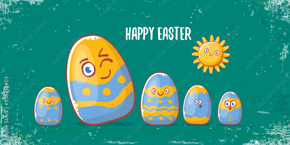 Happy easter cartoon horizontal banner with color cartoon eggs character isolate on grunge turquoise background. Vector Happy easter creative concept illustration