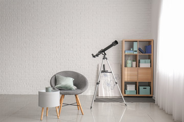Interior of modern room with telescope