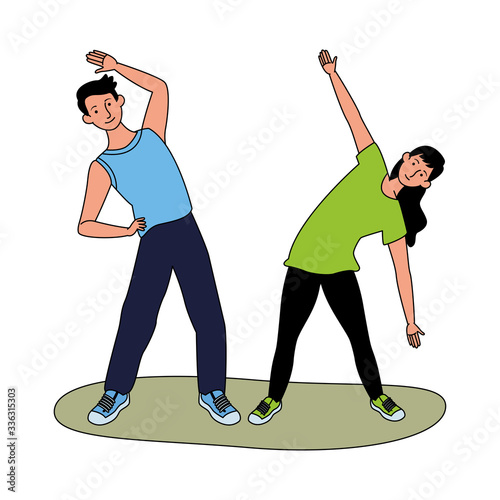 young couple athlete practicing exercise characters