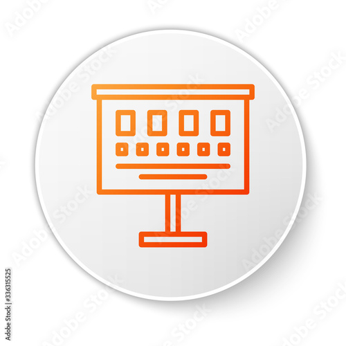 Orange line Eye test chart icon isolated on white background. Poster for vision testing in ophthalmic study. Snellen chart. White circle button. Vector Illustration