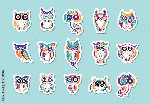Cute owls coloful collection, logo design template