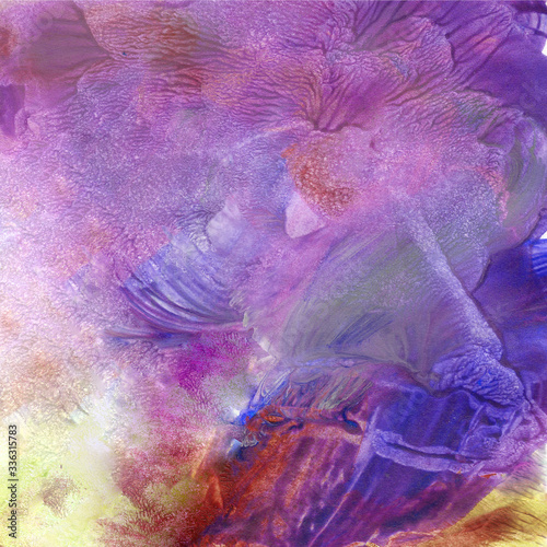 Abstract hand-drawn background, watercolor texture. Purple gradient with white and red drops with shadow 