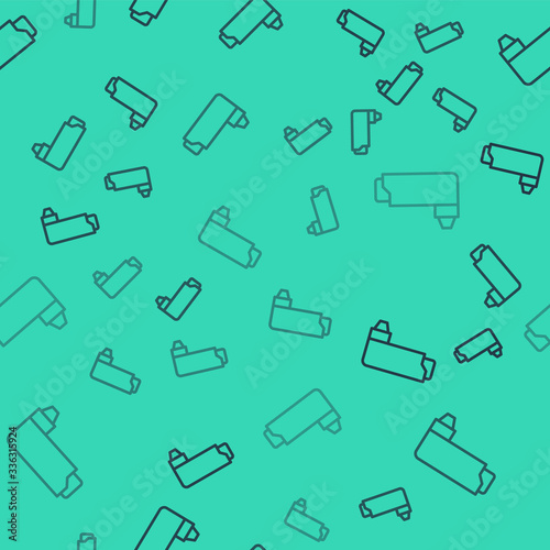 Black line Inhaler icon isolated seamless pattern on green background. Breather for cough relief, inhalation, allergic patient. Vector Illustration