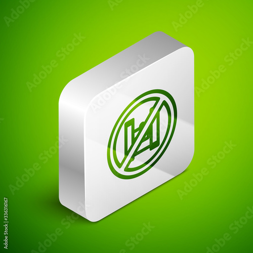 Isometric line Say no to plastic bags poster icon isolated on green background. Disposable cellophane and polythene package prohibition sign. Silver square button. Vector Illustration