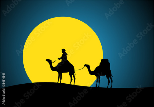 Camels in the desert night, moon, paper art