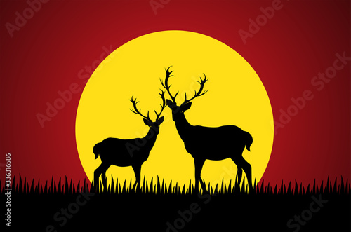 Deer silhouette standing on a hill.Night full moon on the background. Animal silhouette  paper art