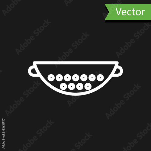 White line Kitchen colander icon isolated on black background. Cooking utensil. Cutlery sign. Vector Illustration